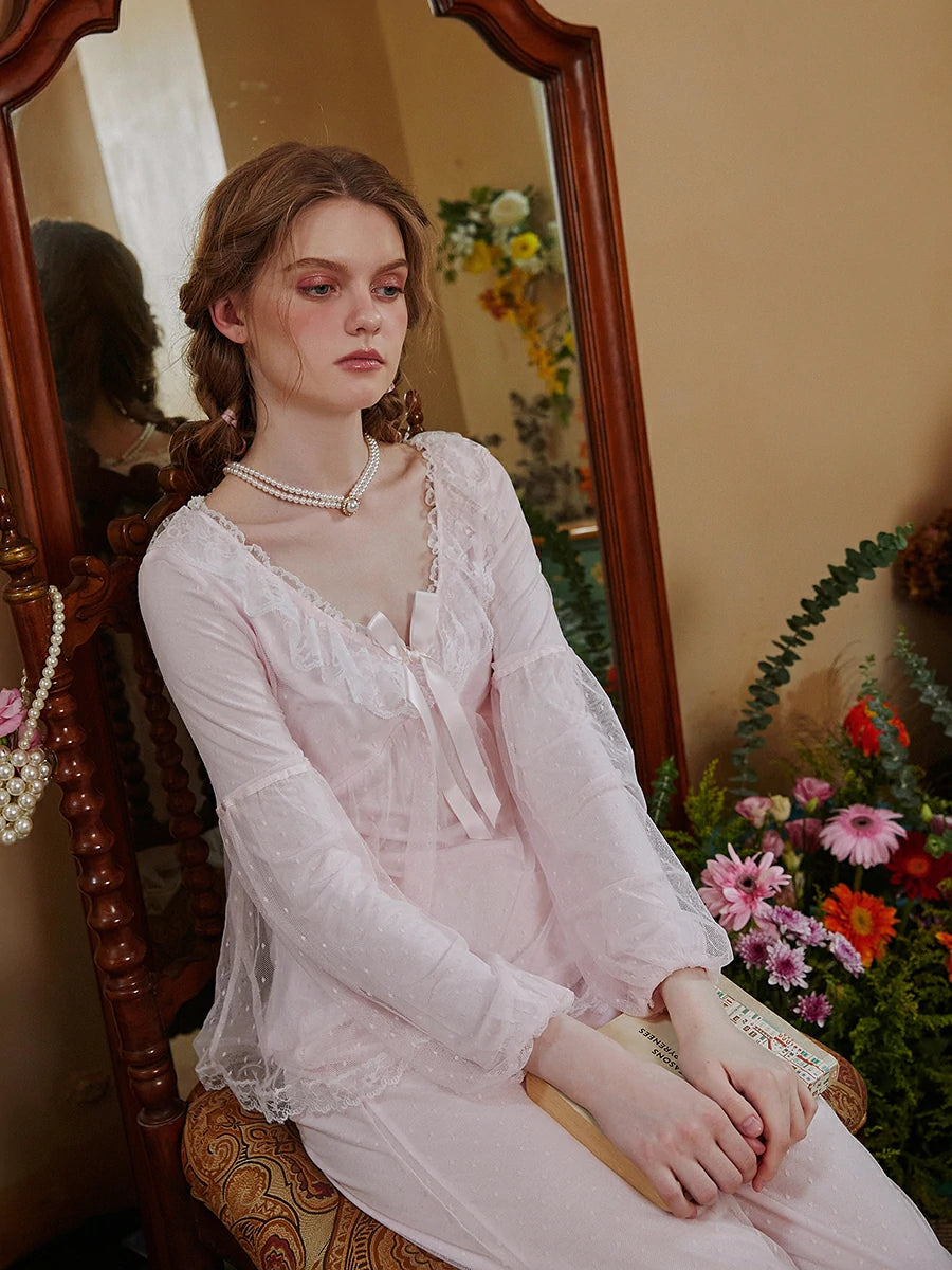 Slessic Vintage Romantic See-Through Mesh V-Neck Lace Splicing Loose Puff Sleeve Loungewear Pajama Set