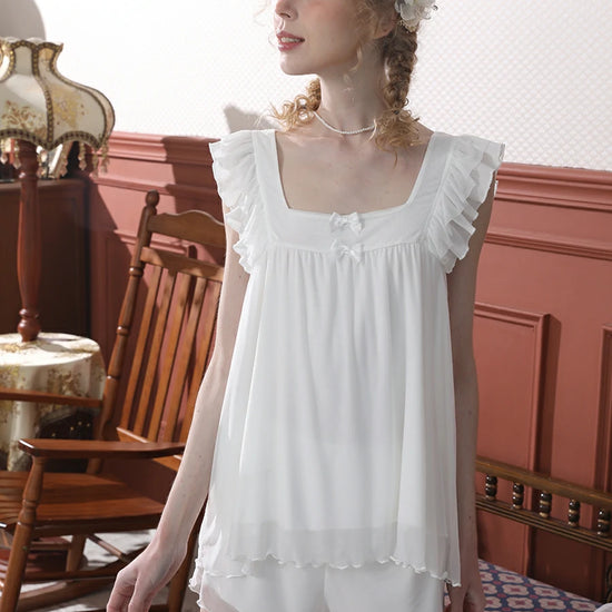 Slessic Vintage Romantic Double-Layer Lace Mesh Ruffled Edge Bow Comfortable Wide Sling Camisole Pajamas Set Loungewear Nightwear