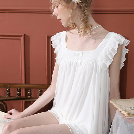 Slessic Vintage Romantic Double-Layer Lace Mesh Ruffled Edge Bow Comfortable Wide Sling Camisole Pajamas Set Loungewear Nightwear