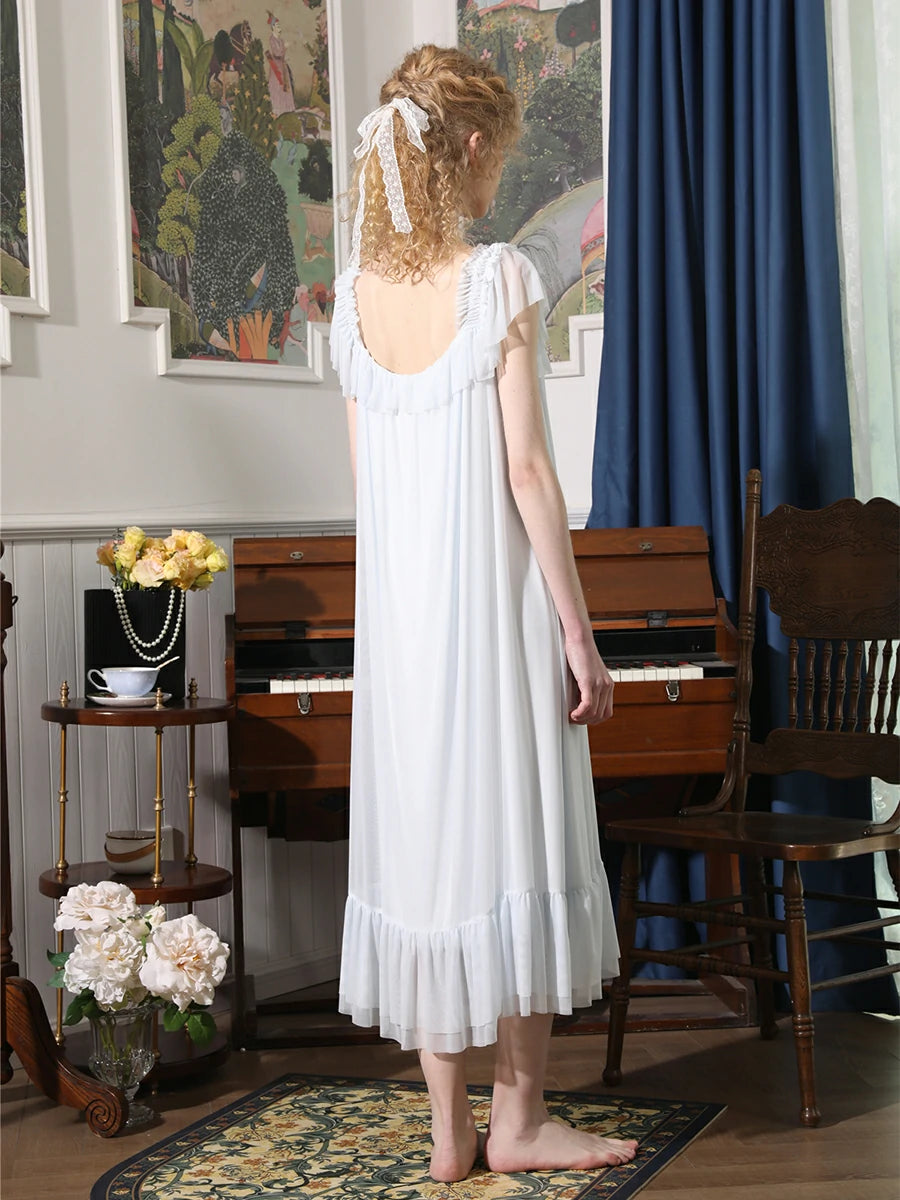 Slessic Vintage Romantic Palace Style Exquisite Mesh Ruffled Edge Cute Ribbon Bow Slip Nightdress Sleepwear Nightwear