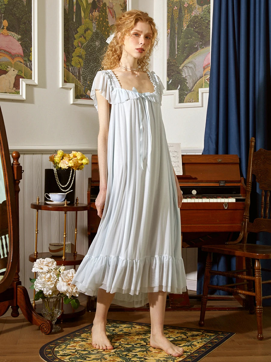 Slessic Vintage Romantic Palace Style Exquisite Mesh Ruffled Edge Cute Ribbon Bow Slip Nightdress Sleepwear Nightwear