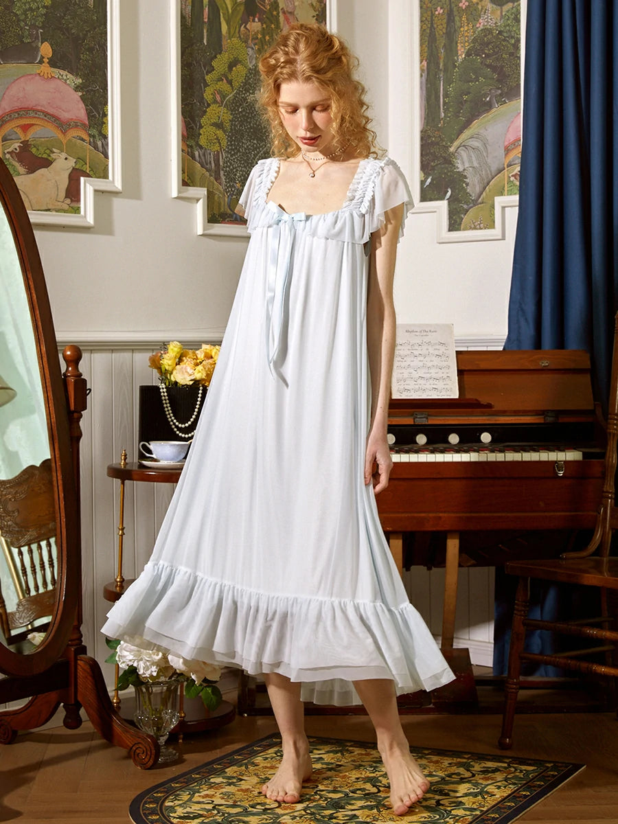 Slessic Vintage Romantic Palace Style Exquisite Mesh Ruffled Edge Cute Ribbon Bow Slip Nightdress Sleepwear Nightwear
