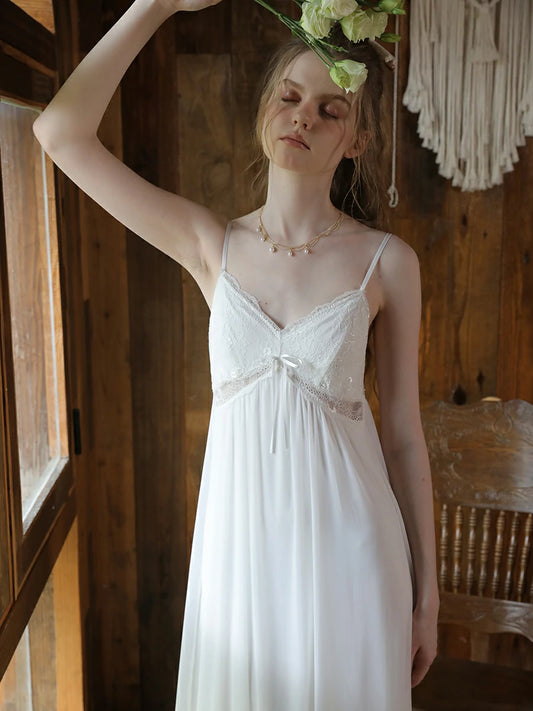 Slessic Romantic Vintage Sexy See-Through Cutout Mesh Lace Autumn Modal Advanced Nightwear Nightdress set