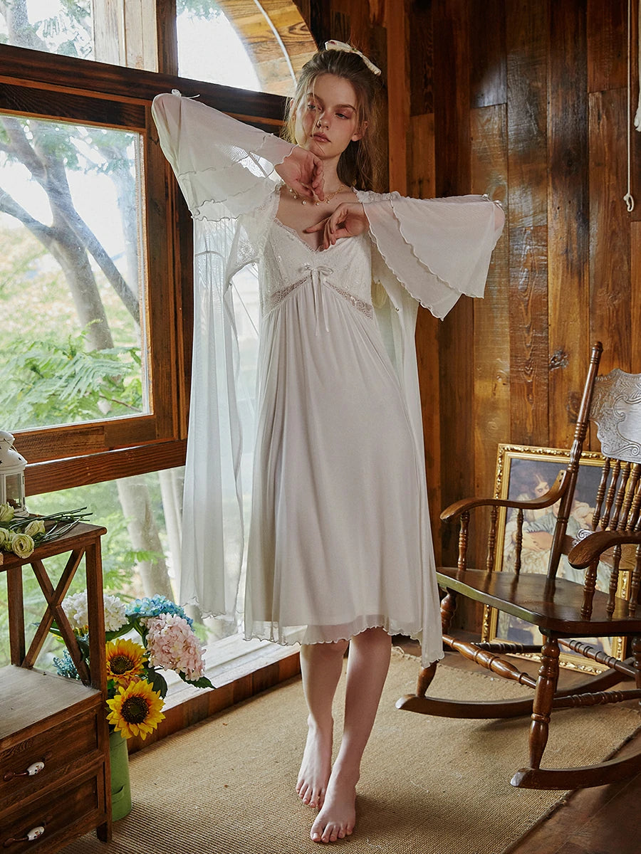 SlesSic Vintage Lace Nightgown Set Sheer Mesh Slip Dress & Romantic Long Robe SlesSic Vintage Lace Nightgown Set Sheer Mesh Slip Dress & Romantic Long Robe