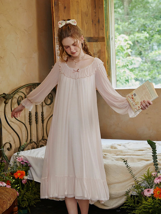 Slessic Vintage Romantic Autumn And Winter Palace Style Modal Mesh Ruffled Edge Bow Embroidered Long-Sleeved Nightwear Sleepwear Nightgown