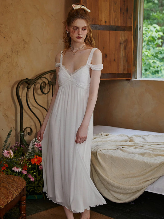 Slessic Romantic Vintage See-Through Mesh Lace Exquisite Embroidered Robe Double-Layer Slip Nightwear Nightgown Set