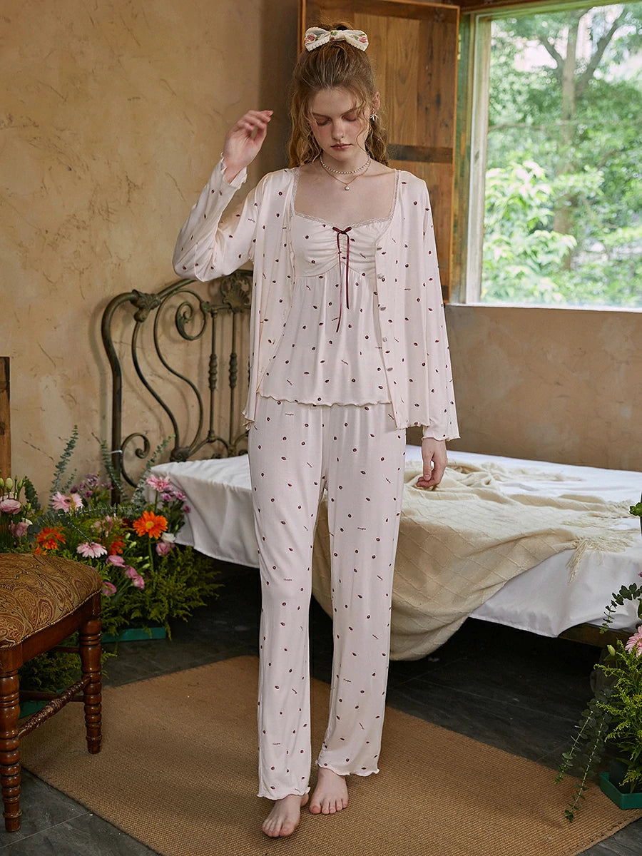 Slessic Vintage Romantic Autumn And Winter Palace Style Lace Mesh  Embroidered Modal Camisole Three-Piece Sleepwear Nightwear Loungewear  Pajama Set