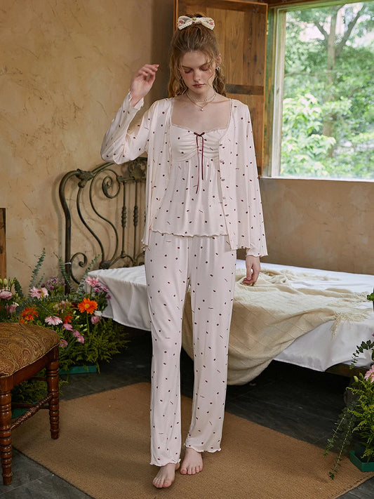 Slessic Romantic Cute Vintage Strawberry Polka Dot Printed Lace Modal Camisole Loungewear Robe Pajama Three-Piece Set