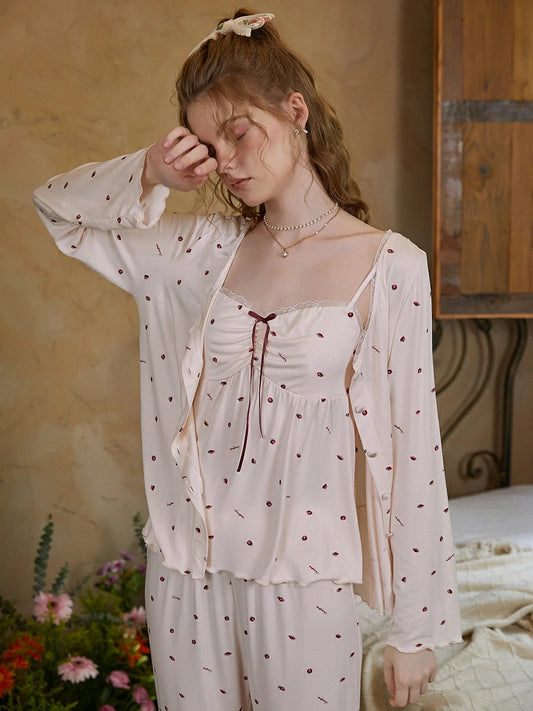Slessic Romantic Cute Vintage Strawberry Polka Dot Printed Lace Modal Camisole Loungewear Robe Pajama Three-Piece Set