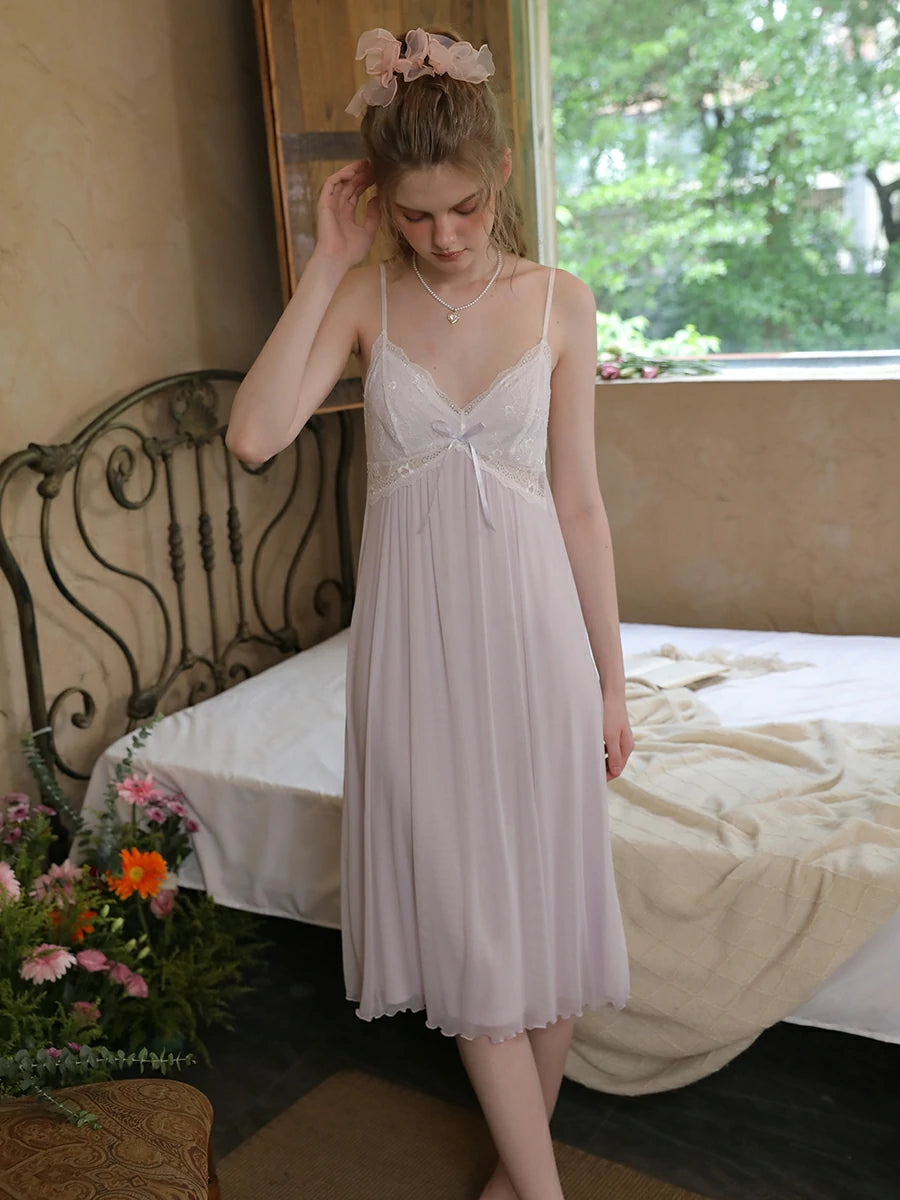 Slessic Romantic Vintage Sexy See-Through Cutout Mesh Lace Autumn Modal Advanced Nightwear Nightdress set