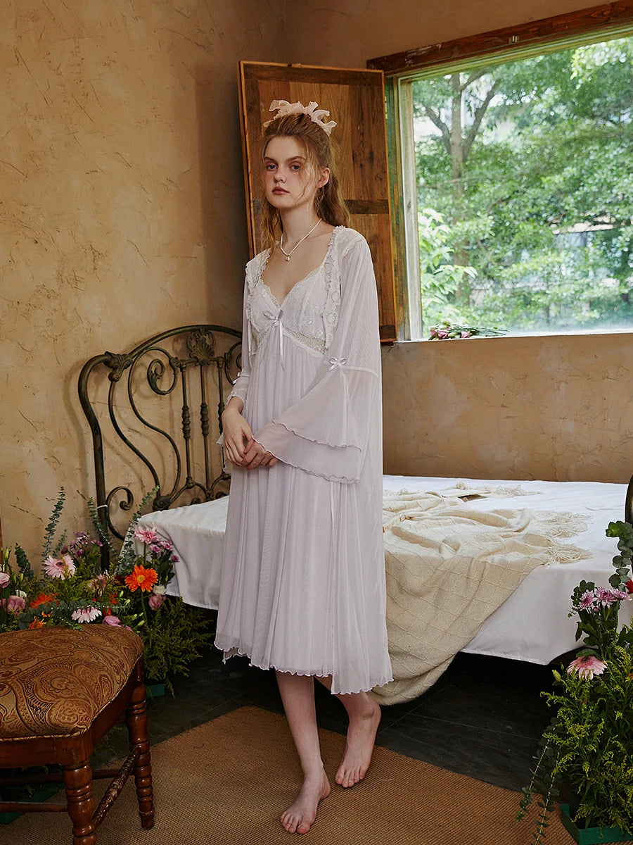 Slessic Romantic Vintage Sexy See-Through Cutout Mesh Lace Autumn Modal Advanced Nightwear Nightdress set