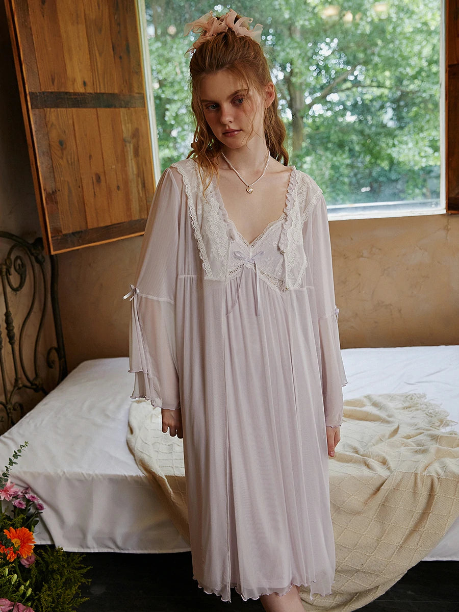 Slessic Romantic Vintage Sexy See-Through Cutout Mesh Lace Autumn Modal Advanced Nightwear Nightdress set