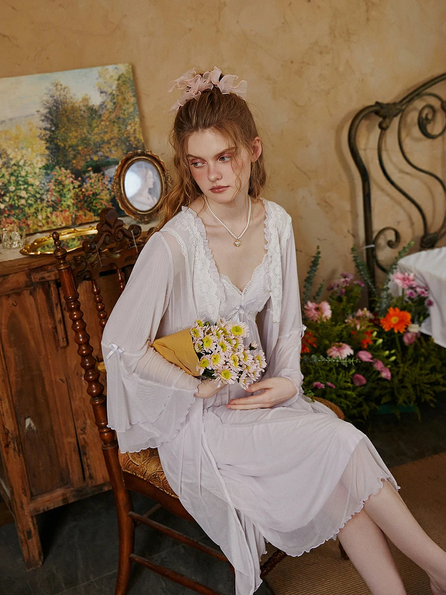 Slessic Romantic Vintage Sexy See-Through Cutout Mesh Lace Autumn Modal Advanced Nightwear Nightdress set