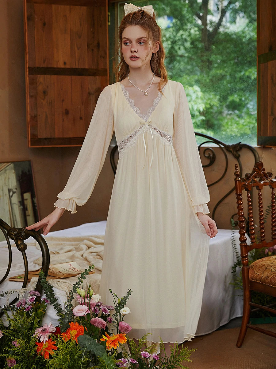 Slessic Sexy Romantic Vintage Palace Style Spring And Autumn Modal Mesh Cutout Lace Bow Long-Sleeved Nightwear Nightdress