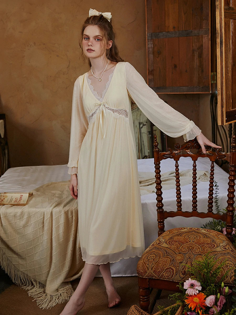 Slessic Sexy Romantic Vintage Palace Style Spring And Autumn Modal Mesh Cutout Lace Bow Long-Sleeved Nightwear Nightdress