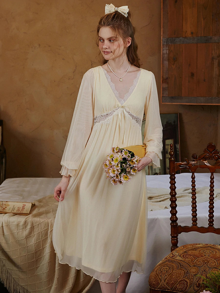 Slessic Sexy Romantic Vintage Palace Style Spring And Autumn Modal Mesh Cutout Lace Bow Long-Sleeved Nightwear Nightdress