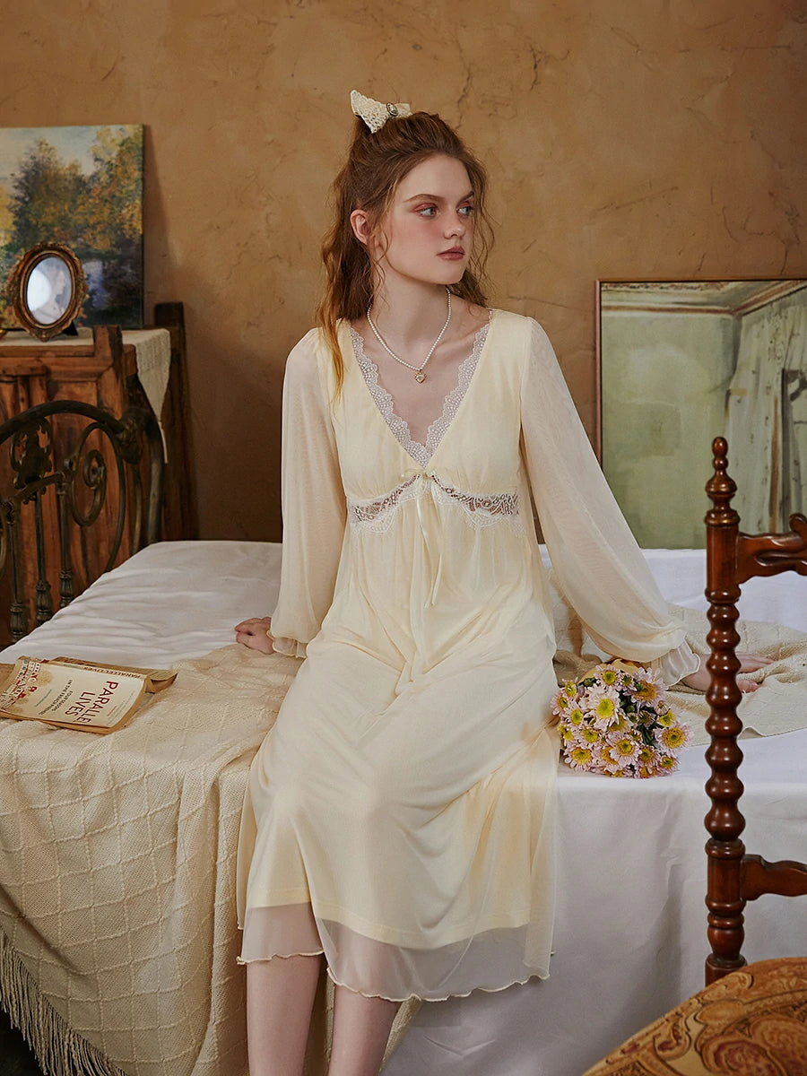 Slessic Sexy Romantic Vintage Palace Style Spring And Autumn Modal Mesh Cutout Lace Bow Long-Sleeved Nightwear Nightdress