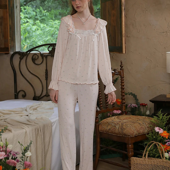 Slessic Vintage Romantic Double Layer Ruffle Edge Lace Embroidered Bow Floral Pattern Modal Loungewear Nightwear Pajama Set
