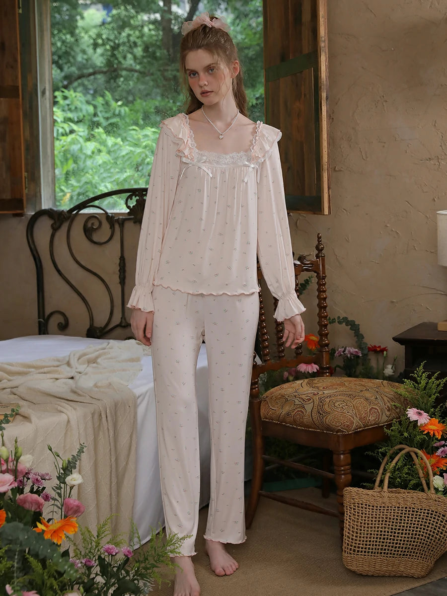 Slessic Vintage Romantic Double Layer Ruffle Edge Lace Embroidered Bow Floral Pattern Modal Loungewear Nightwear Pajama Set