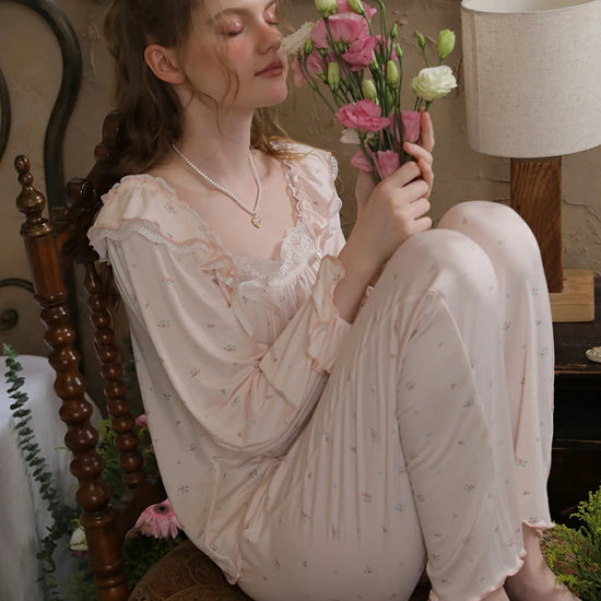 Slessic Vintage Romantic Double Layer Ruffle Edge Lace Embroidered Bow Floral Pattern Modal Loungewear Nightwear Pajama Set