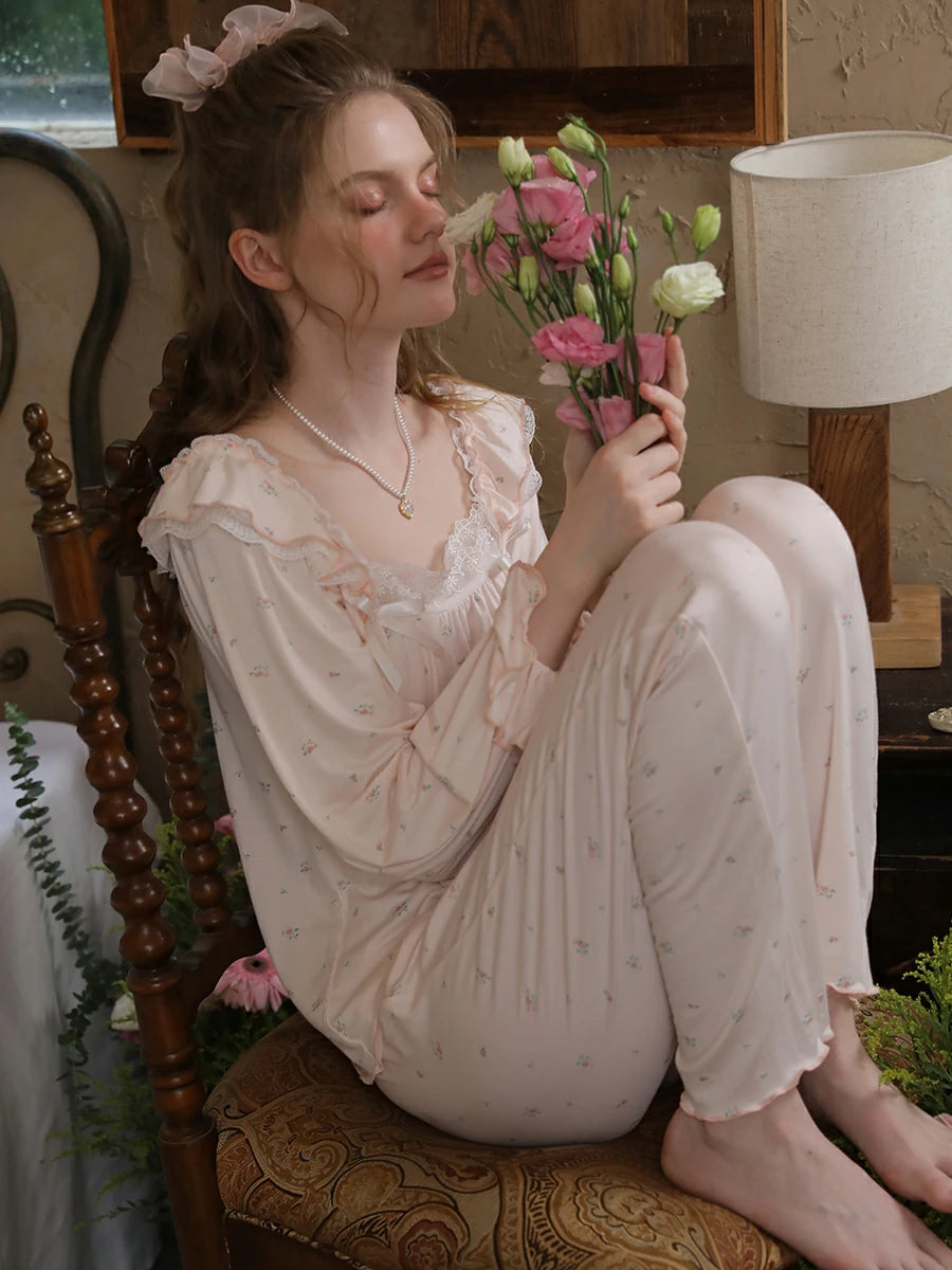 Slessic Vintage Romantic Double Layer Ruffle Edge Lace Embroidered Bow Floral Pattern Modal Loungewear Nightwear Pajama Set