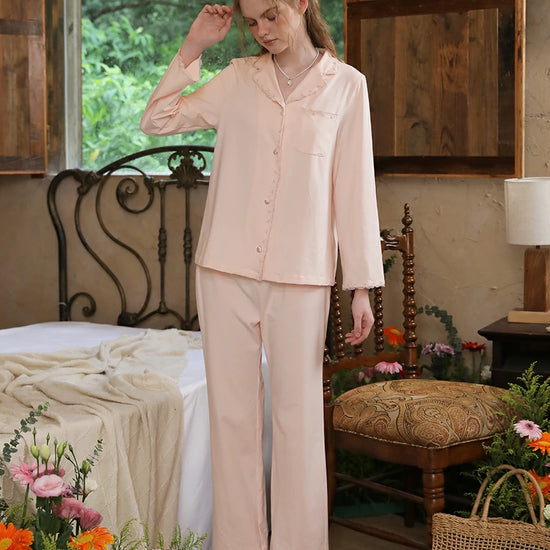 Slessic Vintage Elegant Embroidery Lace Edges with Pockets Beautiful Comfort Long Sleeve Pajama Set Loungewear Nightwear