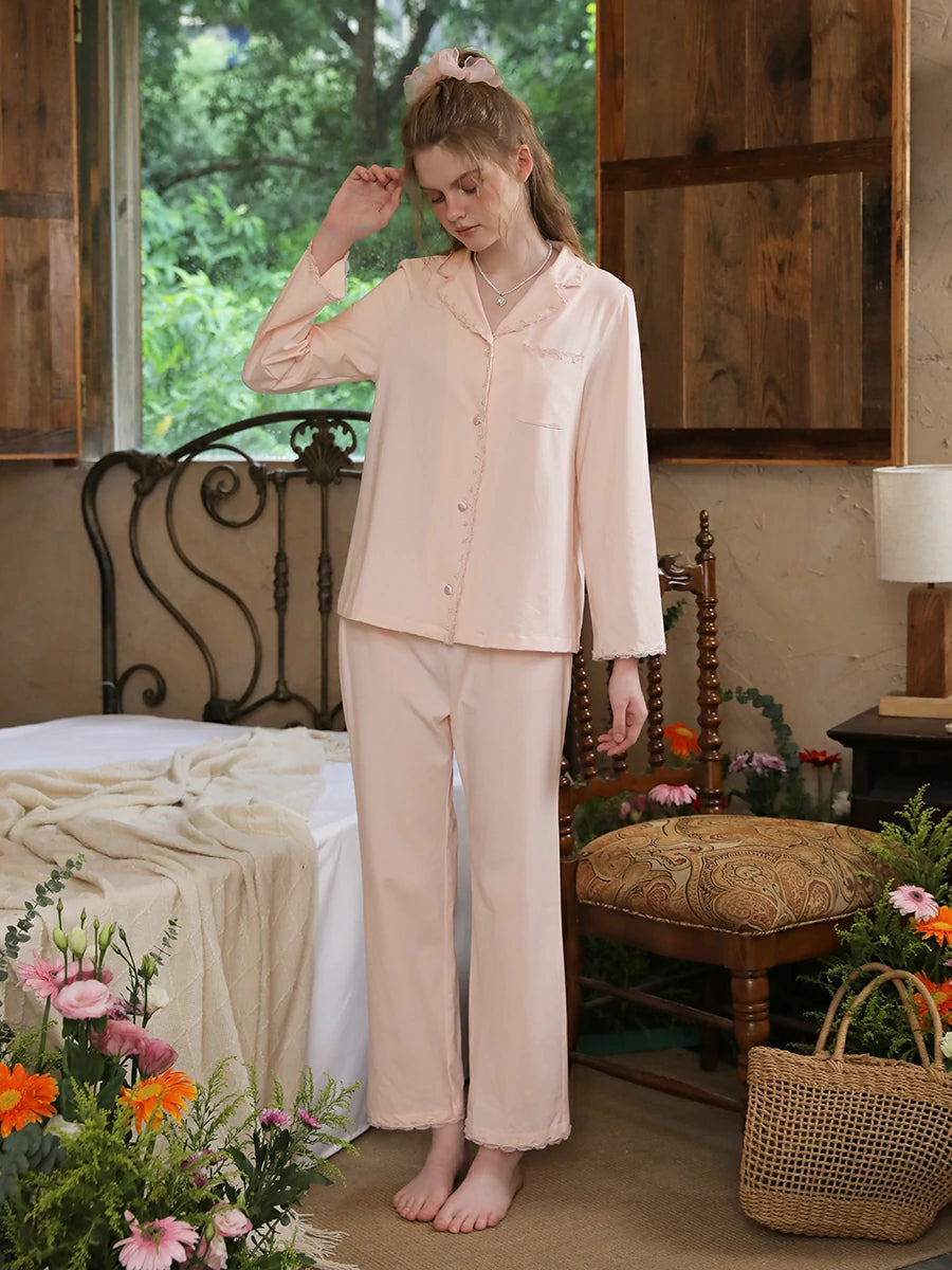 Slessic Vintage Elegant Embroidery Lace Edges with Pockets Beautiful Comfort Long Sleeve Pajama Set Loungewear Nightwear