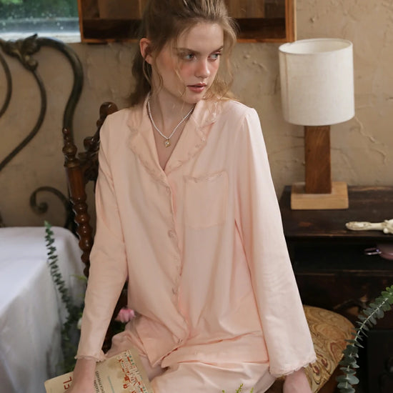 Slessic Vintage Elegant Embroidery Lace Edges with Pockets Beautiful Comfort Long Sleeve Pajama Set Loungewear Nightwear