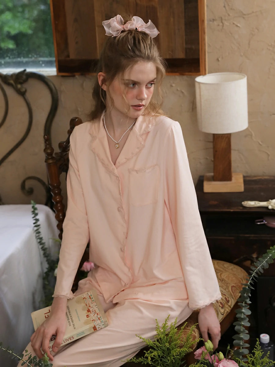 Slessic Vintage Elegant Embroidery Lace Edges with Pockets Beautiful Comfort Long Sleeve Pajama Set Loungewear Nightwear