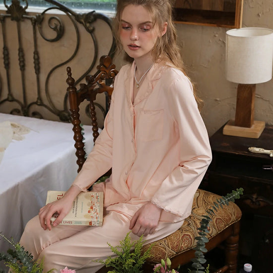 Slessic Vintage Elegant Embroidery Lace Edges with Pockets Beautiful Comfort Long Sleeve Pajama Set Loungewear Nightwear