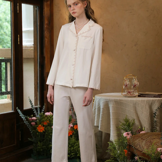 Slessic Vintage Elegant Embroidery Lace Edges with Pockets Beautiful Comfort Long Sleeve Pajama Set Loungewear Nightwear