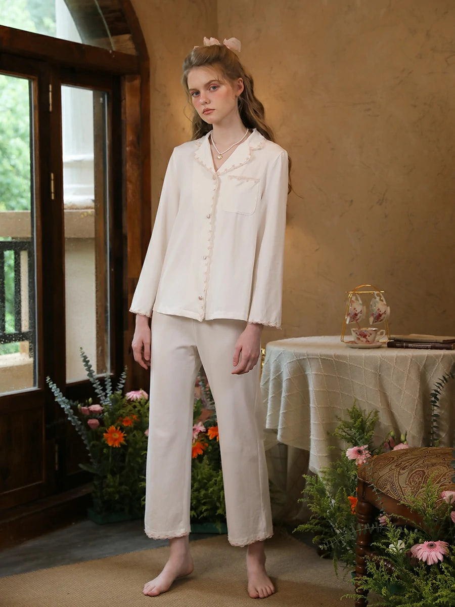 Slessic Vintage Elegant Embroidery Lace Edges with Pockets Beautiful Comfort Long Sleeve Pajama Set Loungewear Nightwear