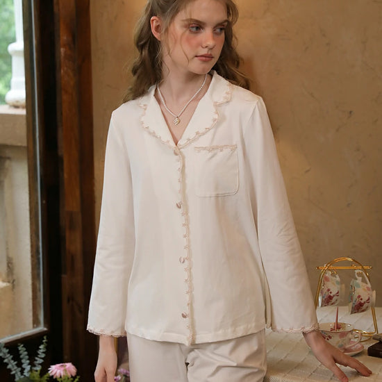 Slessic Vintage Elegant Embroidery Lace Edges with Pockets Beautiful Comfort Long Sleeve Pajama Set Loungewear Nightwear