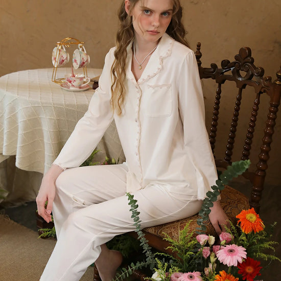 Slessic Vintage Elegant Embroidery Lace Edges with Pockets Beautiful Comfort Long Sleeve Pajama Set Loungewear Nightwear