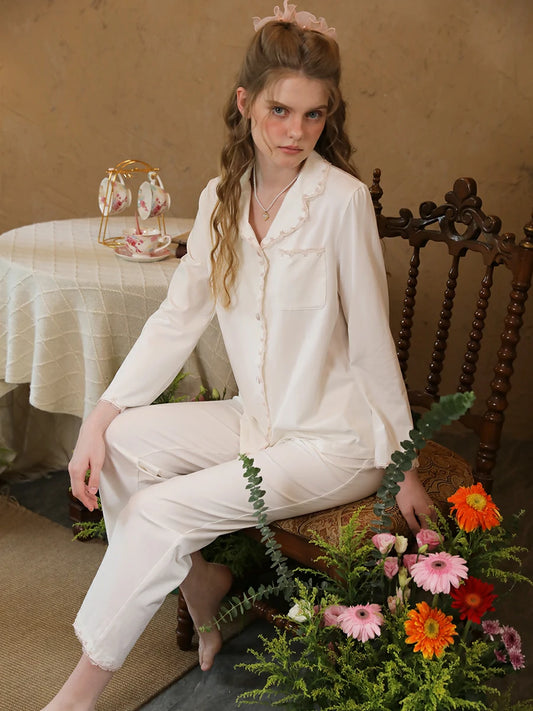 Slessic Vintage Elegant Embroidery Lace Edges with Pockets Beautiful Comfort Long Sleeve Pajama Set Loungewear Nightwear