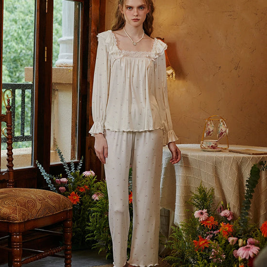 Slessic Vintage Romantic Double Layer Ruffle Edge Lace Embroidered Bow Floral Pattern Modal Loungewear Nightwear Pajama Set