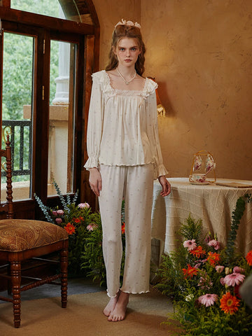 Slessic Vintage Romantic Double Layer Ruffle Edge Lace Embroidered Bow Floral Pattern Modal Loungewear Nightwear Pajama Set