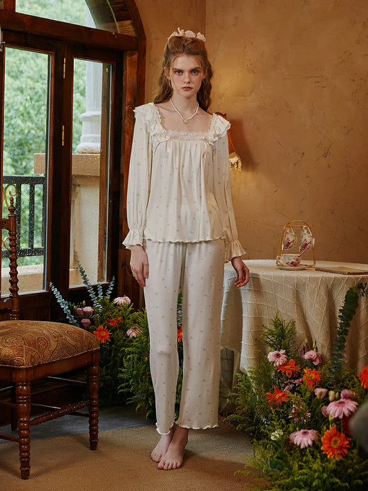 Slessic Vintage Romantic Double Layer Ruffle Edge Lace Embroidered Bow Floral Pattern Modal Loungewear Nightwear Pajama Set