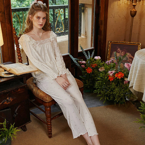 Slessic Vintage Romantic Double Layer Ruffle Edge Lace Embroidered Bow Floral Pattern Modal Loungewear Nightwear Pajama Set