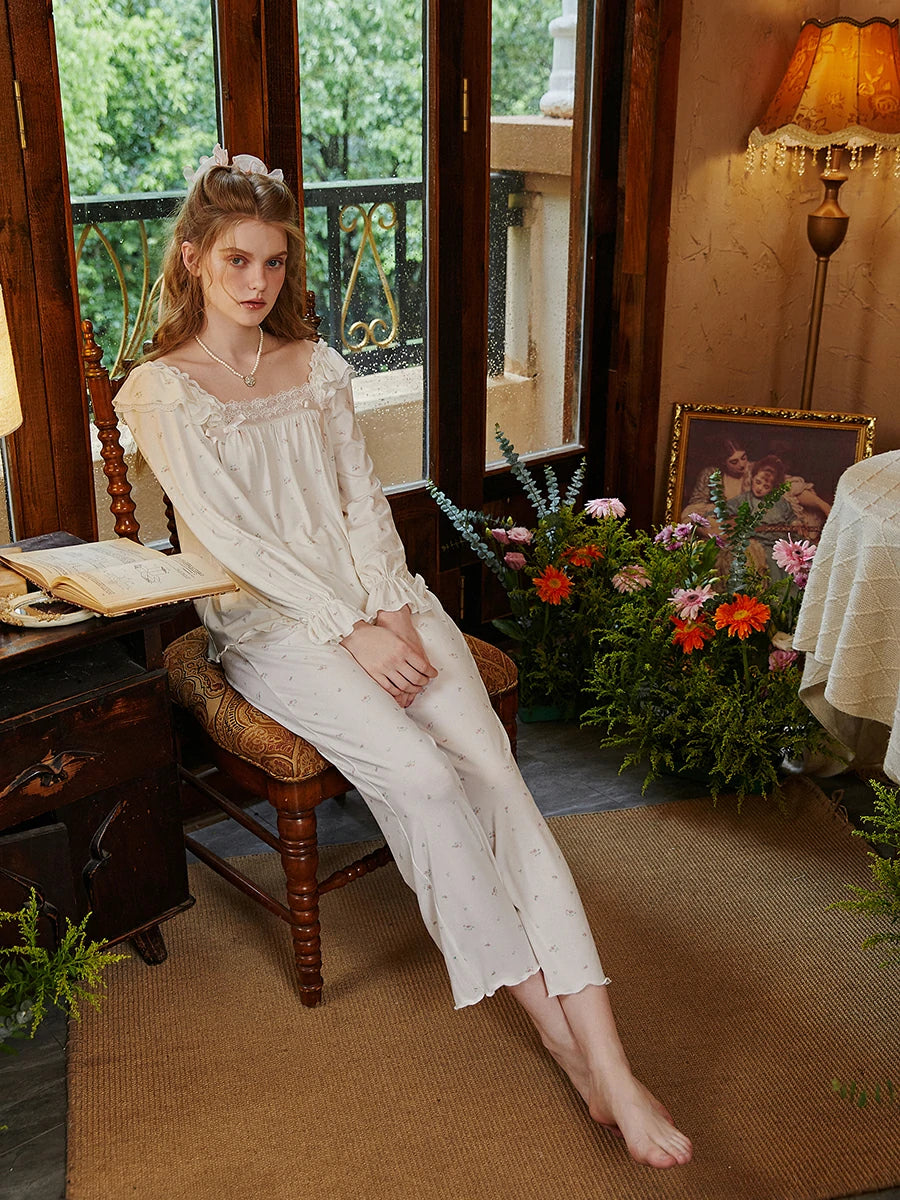 Slessic Vintage Romantic Double Layer Ruffle Edge Lace Embroidered Bow Floral Pattern Modal Loungewear Nightwear Pajama Set