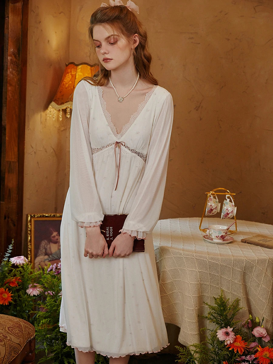 Slessic Sexy Romantic Vintage Palace Style Spring And Autumn Modal Mesh Cutout Lace Bow Long-Sleeved Nightwear Nightdress