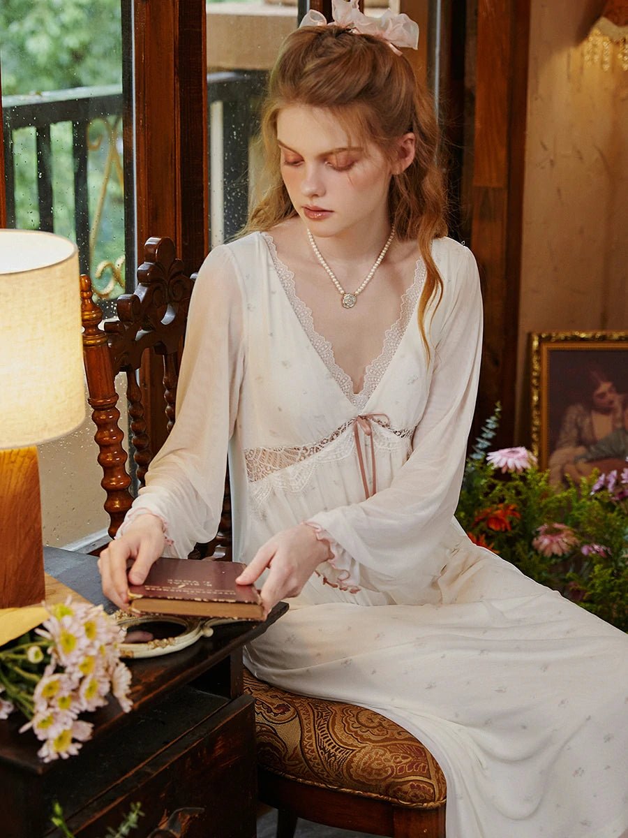Slessic Sexy Romantic Vintage Palace Style Spring And Autumn Modal Mesh Cutout Lace Bow Long-Sleeved Nightwear Nightdress