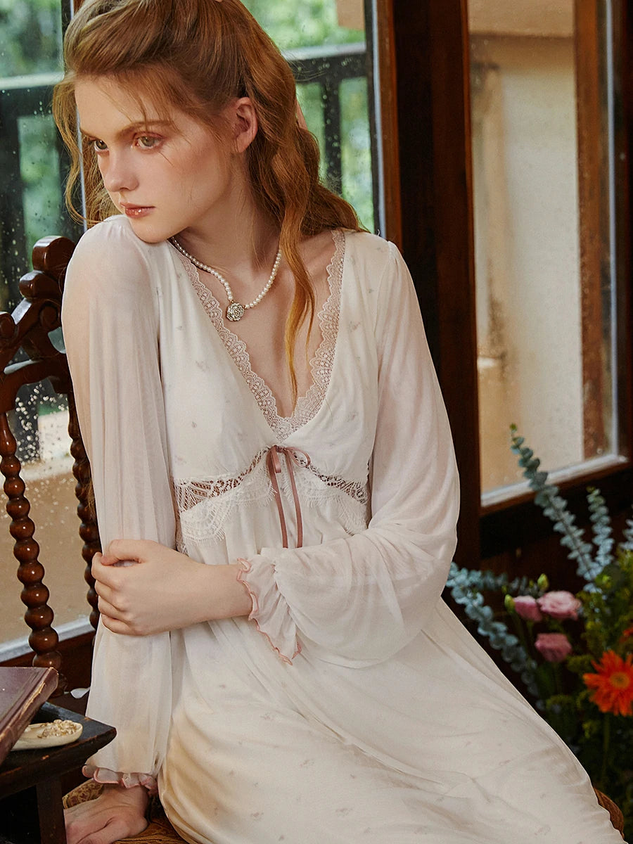 Slessic Sexy Romantic Vintage Palace Style Spring And Autumn Modal Mesh Cutout Lace Bow Long-Sleeved Nightwear Nightdress