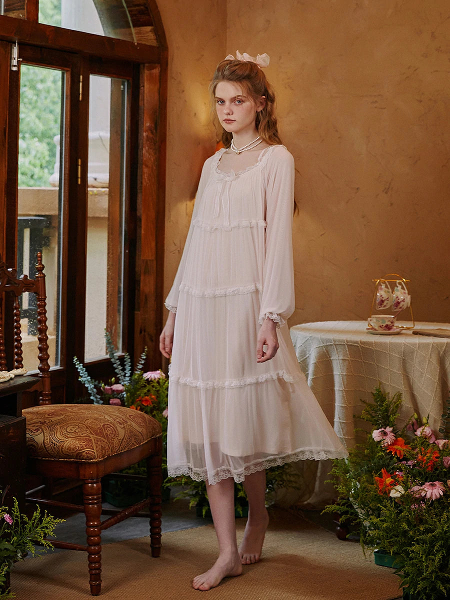 Slessic Vintage Palace Style Romantic Modal Lace Bow Multi-Layered Stitching Mesh Long-Sleeved Nightwear Nightgown