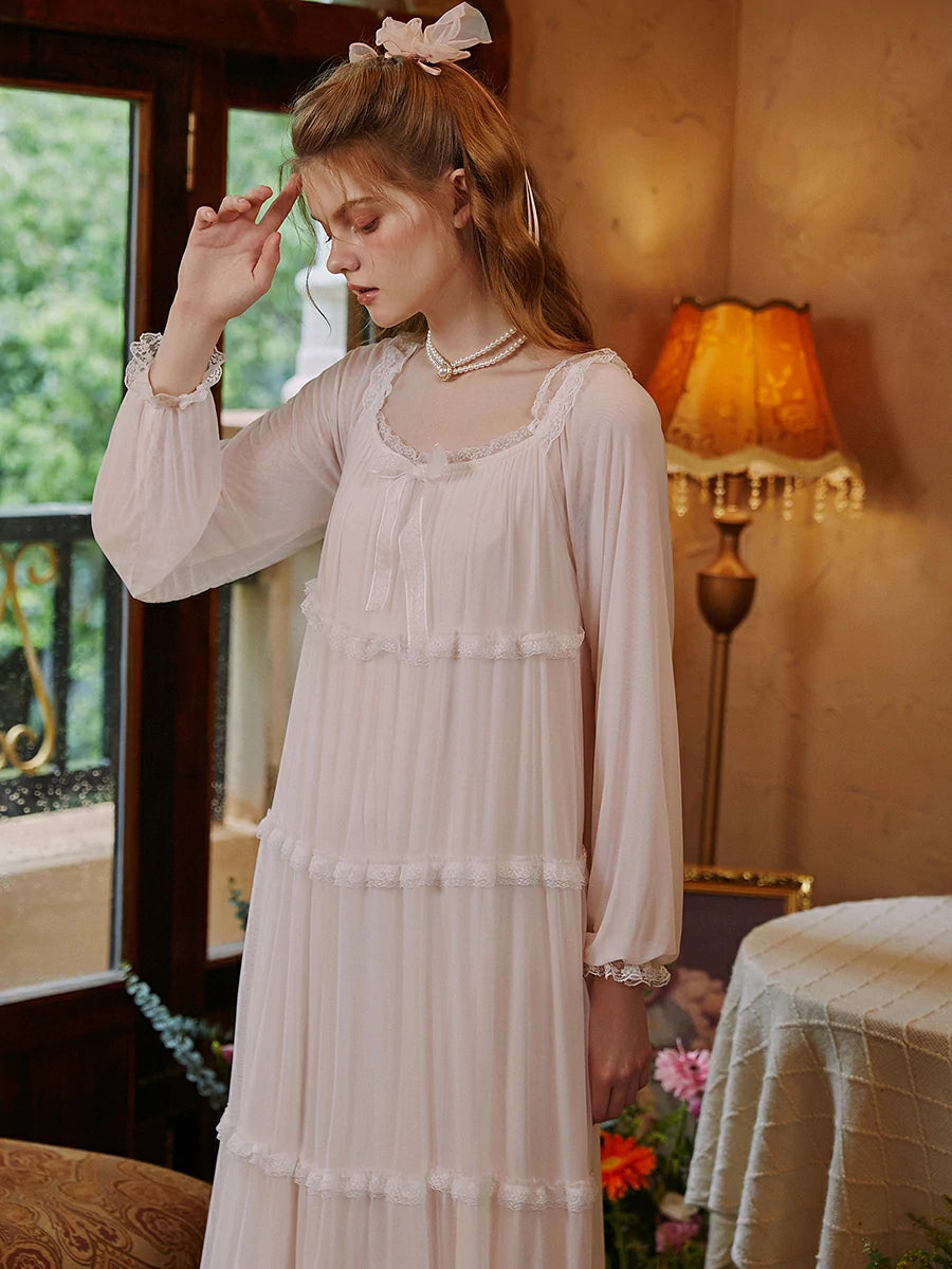 Slessic Vintage Palace Style Romantic Modal Lace Bow Multi-Layered Stitching Mesh Long-Sleeved Nightwear Nightgown