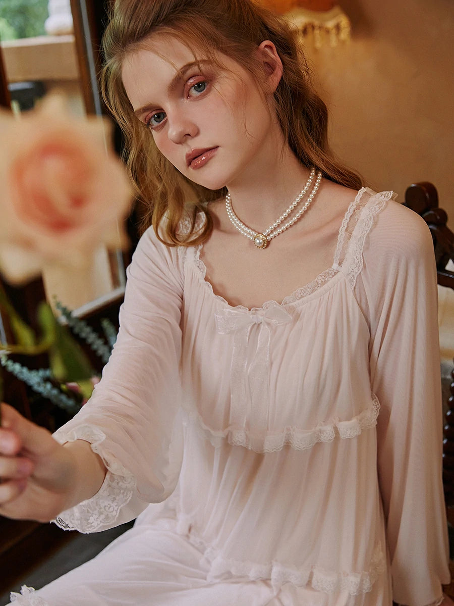 Slessic Vintage Palace Style Romantic Modal Lace Bow Multi-Layered Stitching Mesh Long-Sleeved Nightwear Nightgown