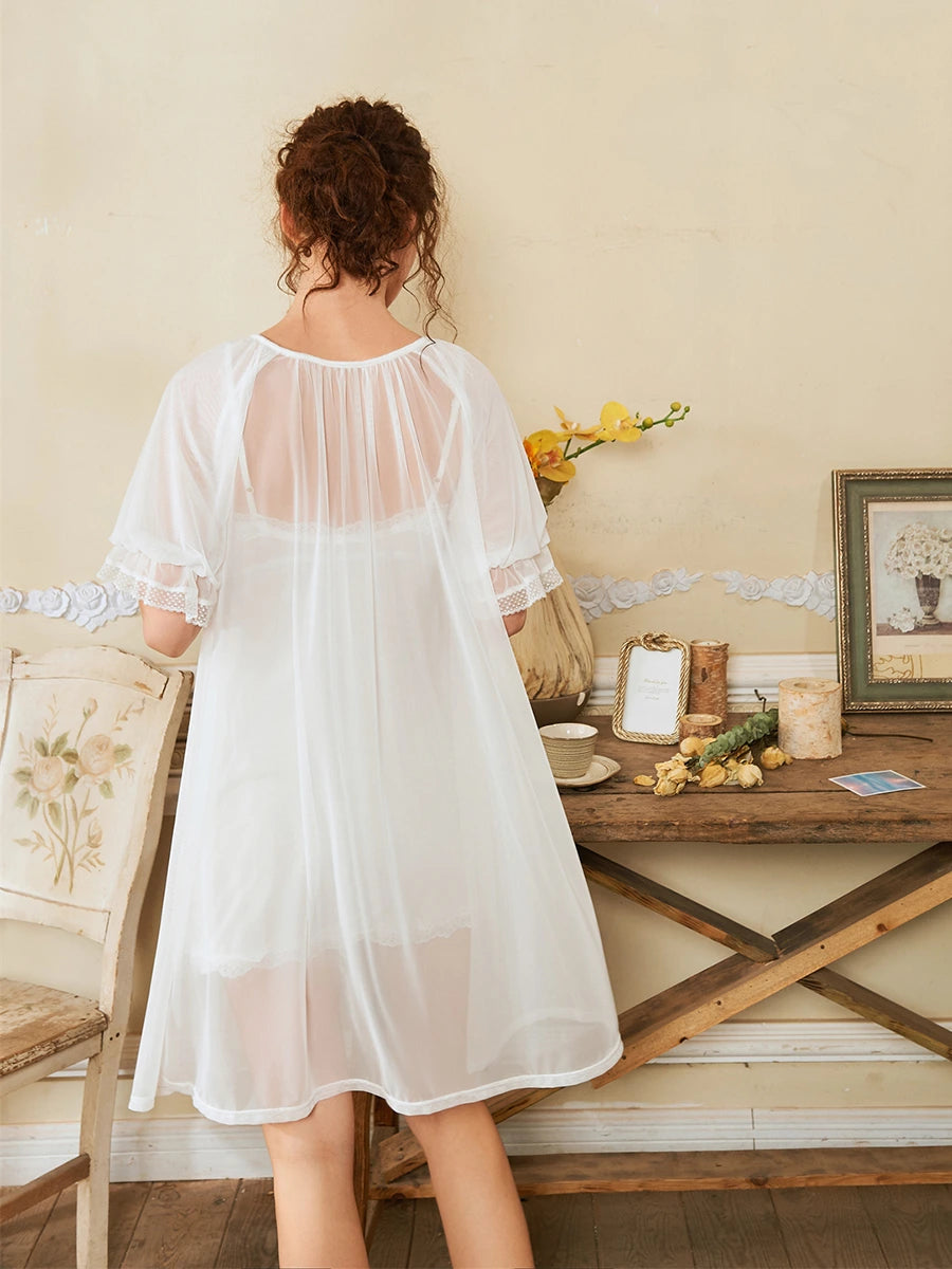 White Vintage Lace Sexy See-through Mesh Embroidered Romantic Sleepwear Robe Slip Nightdress Set