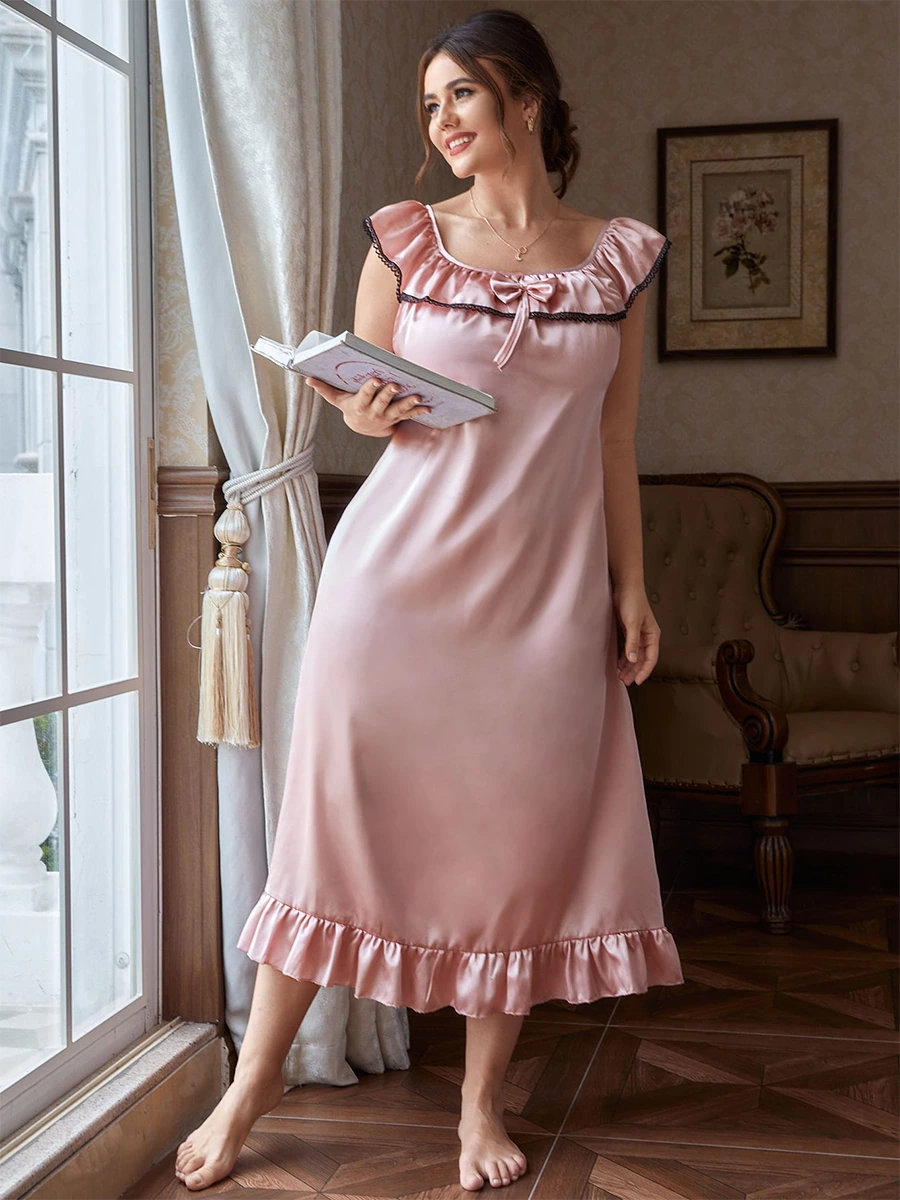 Pink Vintage Plus Size Romantic Bow Knot Embroidered Satin Nightwear Nightdress