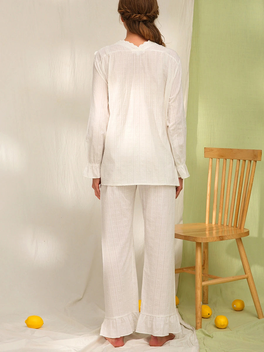 White Vintage Romantic Exquisite Cross Big Ruffled Edge Embroidered Bow Tie Striped Polka Dot Loungewear Pajama set