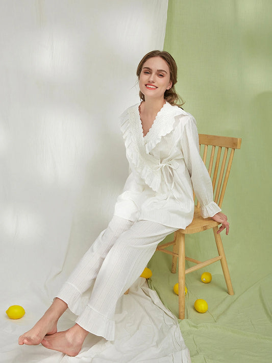 White Vintage Romantic Exquisite Cross Big Ruffled Edge Embroidered Bow Tie Striped Polka Dot Loungewear Pajama set